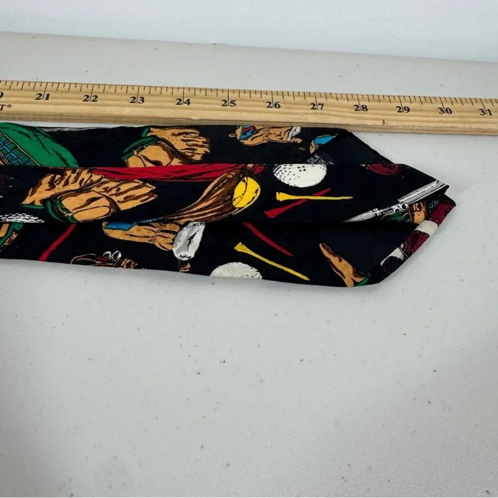 Vintage Golf Theme Silk Tie Black Novelty Golf Clubs Balls Summer Event Funky